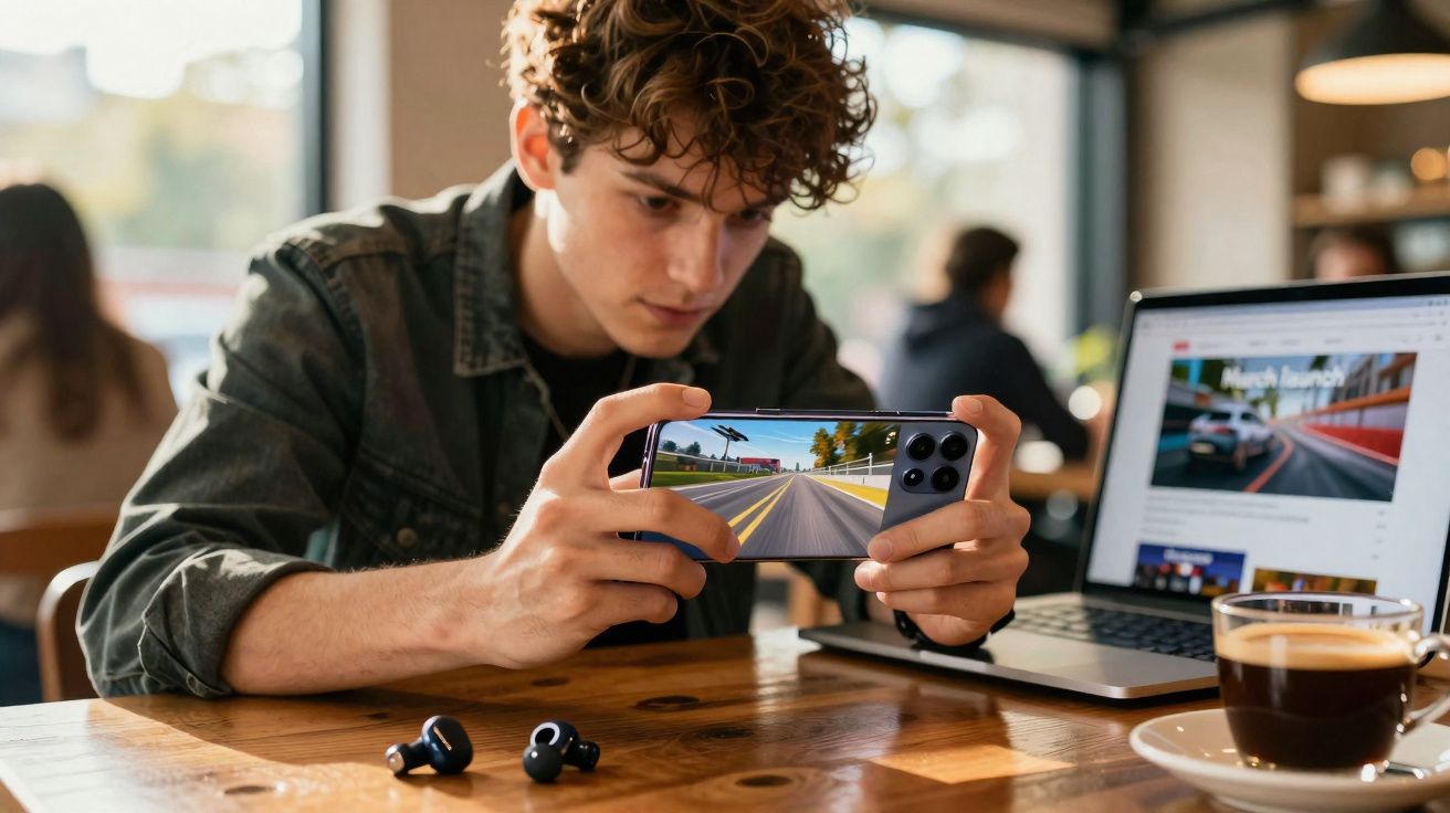 Jovem sentado em mesa de madeira jogando jogo de corrida no celular em café com laptop e café ao lado.