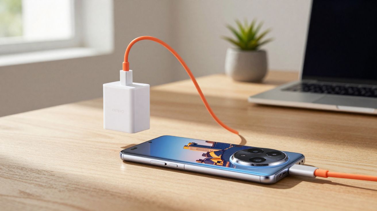 Celular com tela refletindo prédio, carregando com cabo laranja e adaptador branco sobre mesa de madeira.