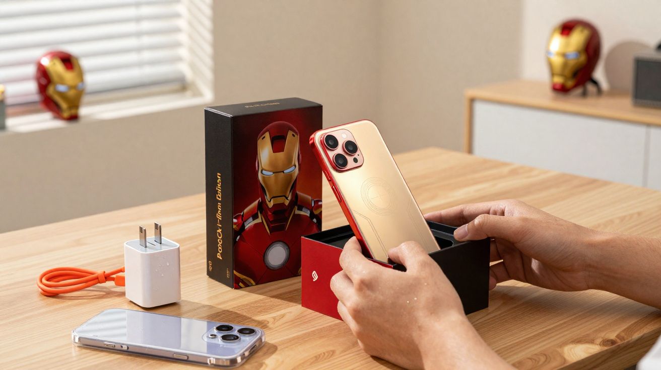 Pessoa segurando um iPhone dourado com bordas vermelhas ao lado da caixa do Pocoham celular edição Iron Man.