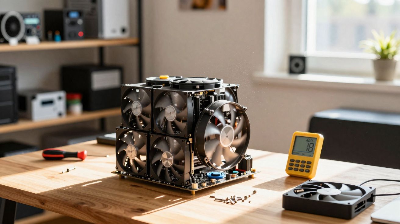 Processador com múltiplas ventoinhas em bancada de madeira, ao lado de parafusos, chave de fenda e termômetro digital.