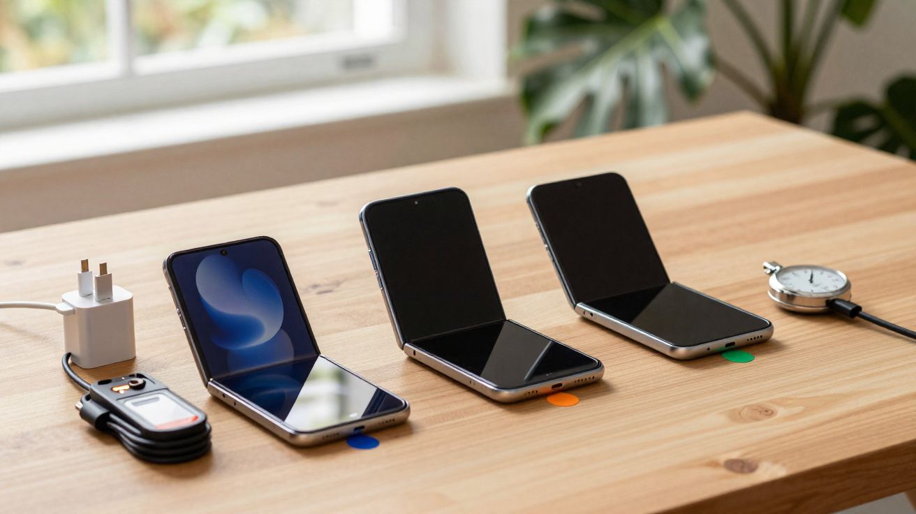 Três celulares dobráveis abertos em fila sobre mesa de madeira, com carregador e relógio ao lado.