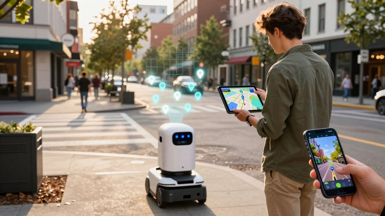 Jovem controlando robô autônomo na calçada com mapa digital em tablet e smartphone na cidade.