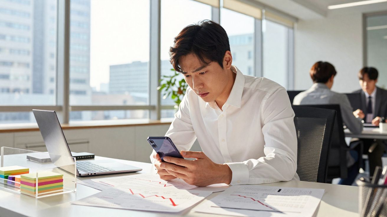 Homem atento segurando celular sentado em mesa de escritório com laptop e gráficos à sua frente.