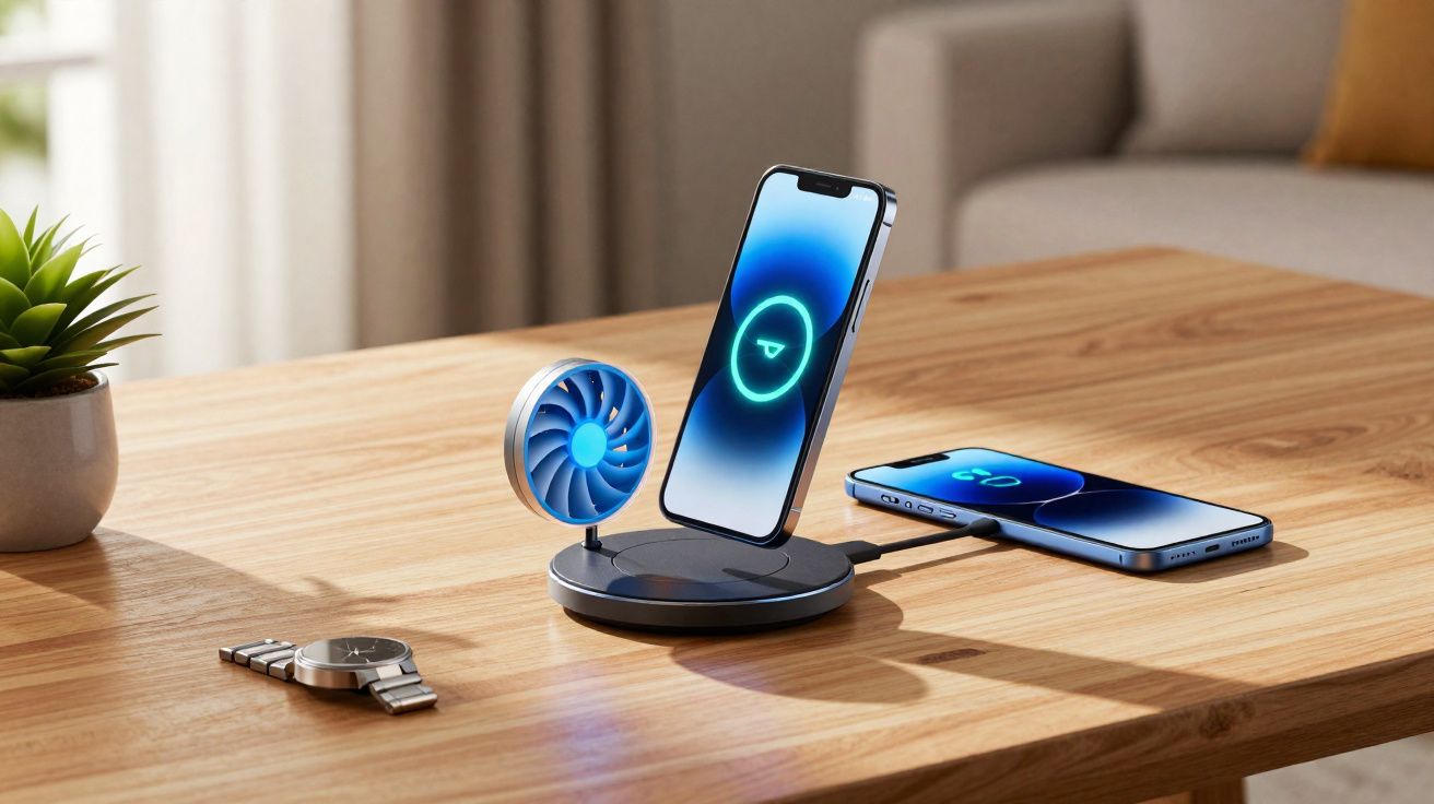 Mesa de madeira com carregador wireless, ventilador portátil, dois celulares e relógio de pulso.