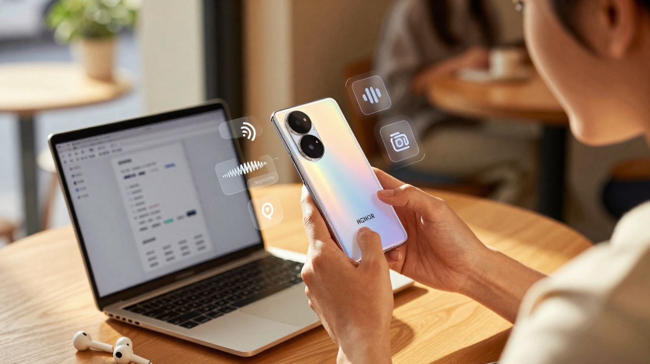 Pessoa segurando smartphone HONOR holográfico ao lado de laptop aberto em mesa de madeira.