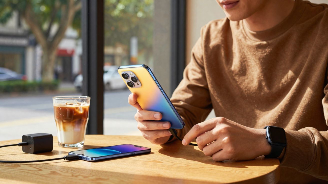 Pessoa usando celular enquanto outro celular carrega e um copo de café está sobre a mesa de madeira.