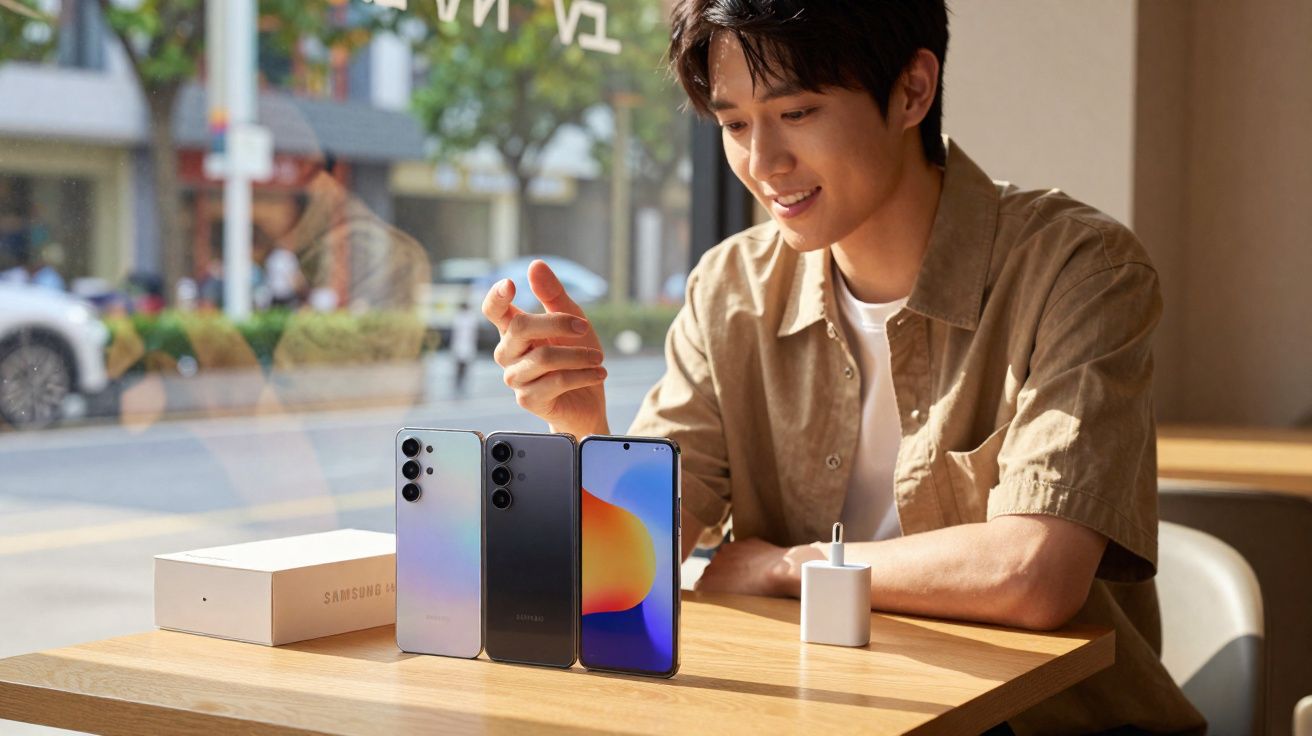 Jovem sorridente analisando três celulares Samsung em mesa de madeira com carregador e caixa ao lado.