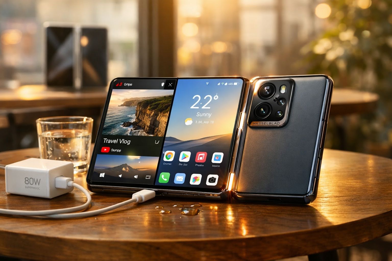 Smartphone dobrável aberto mostrando tela dupla com aplicativos e vídeos em mesa de madeira.