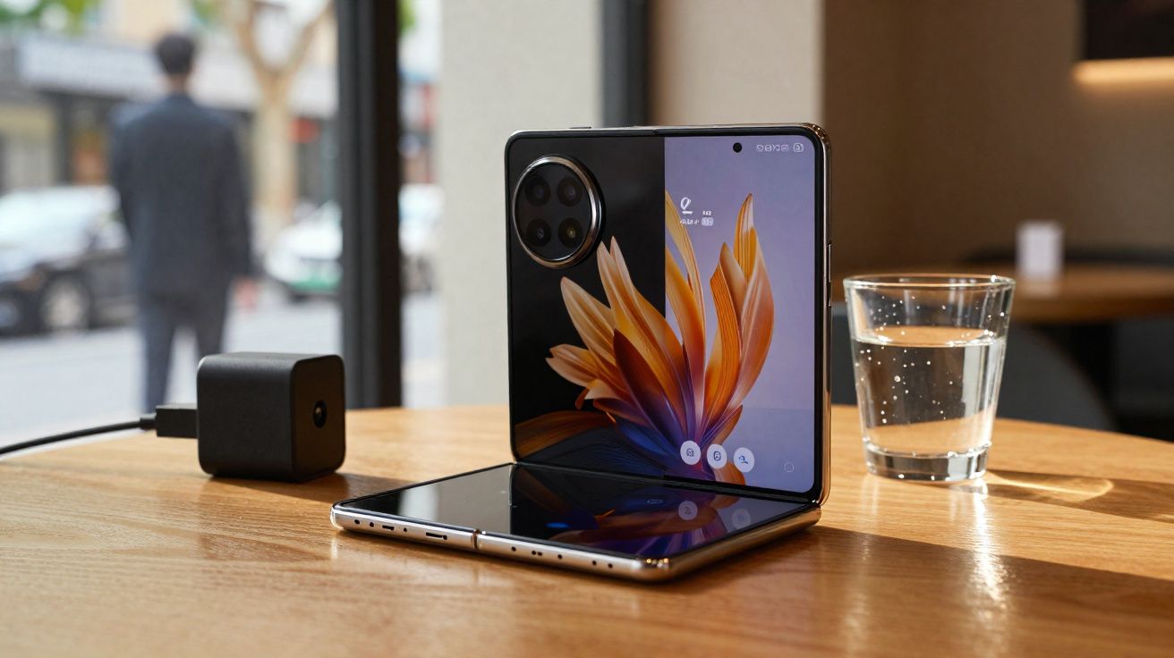 Smartphone dobrável preto aberto em ângulo de 90 graus, carregando sobre mesa com copo de água ao lado.