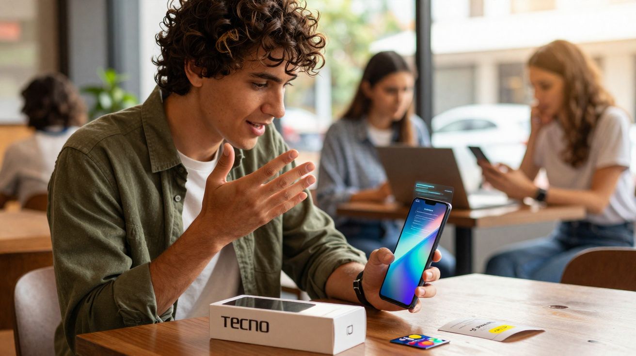 Jovem curioso segurando celular novo, com caixa Tecno na mesa, em cafeteria com pessoas ao fundo.