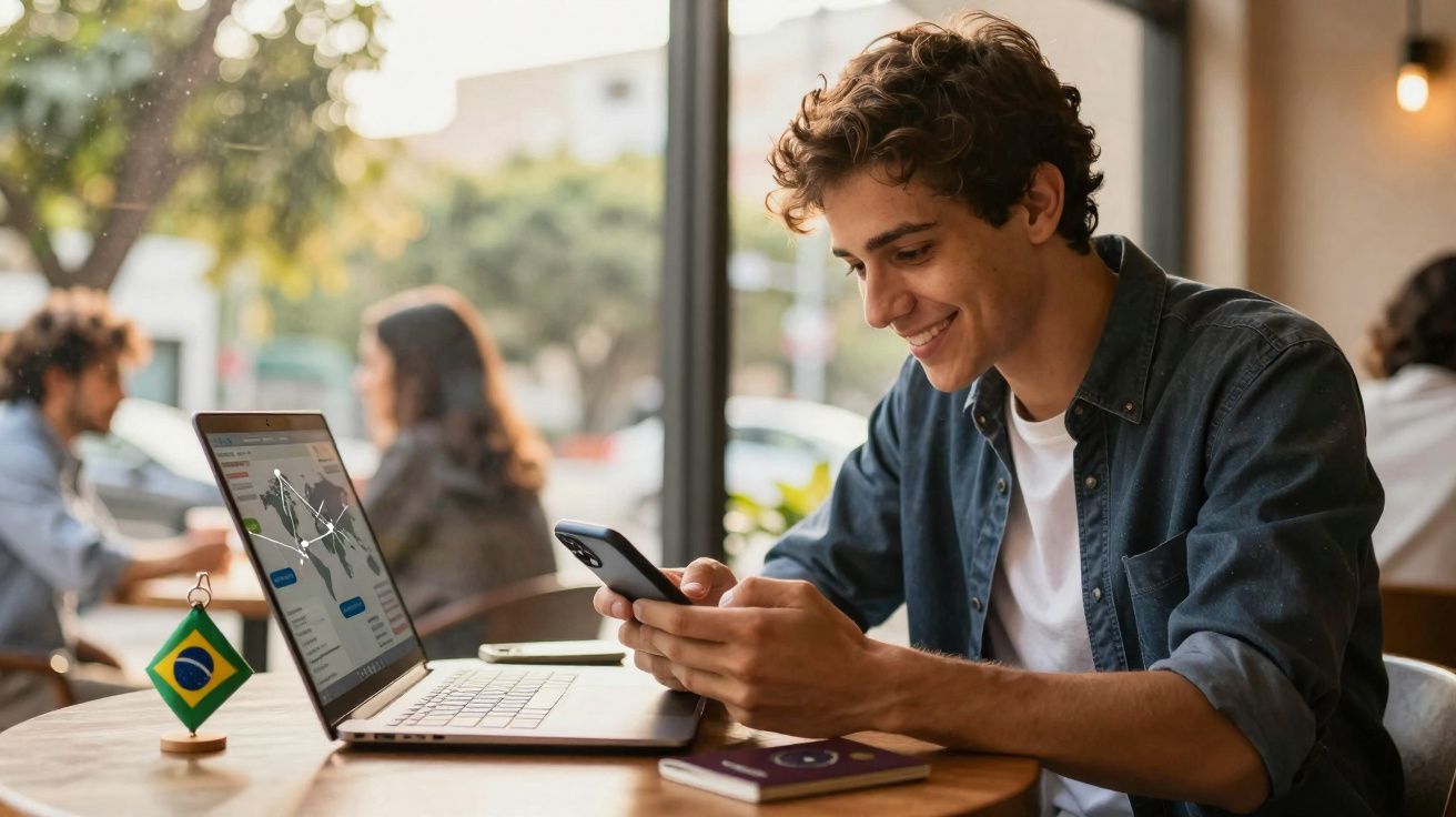 Jovem sorridente usando smartphone e laptop em mesa de café com pequena bandeira do Brasil.