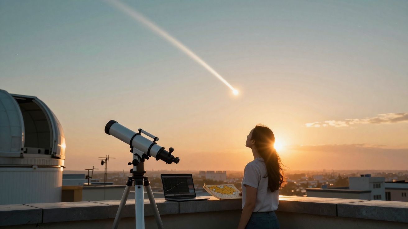 Mulher observa cometa no pôr do sol ao lado de telescópio e laptop em observatório urbano.