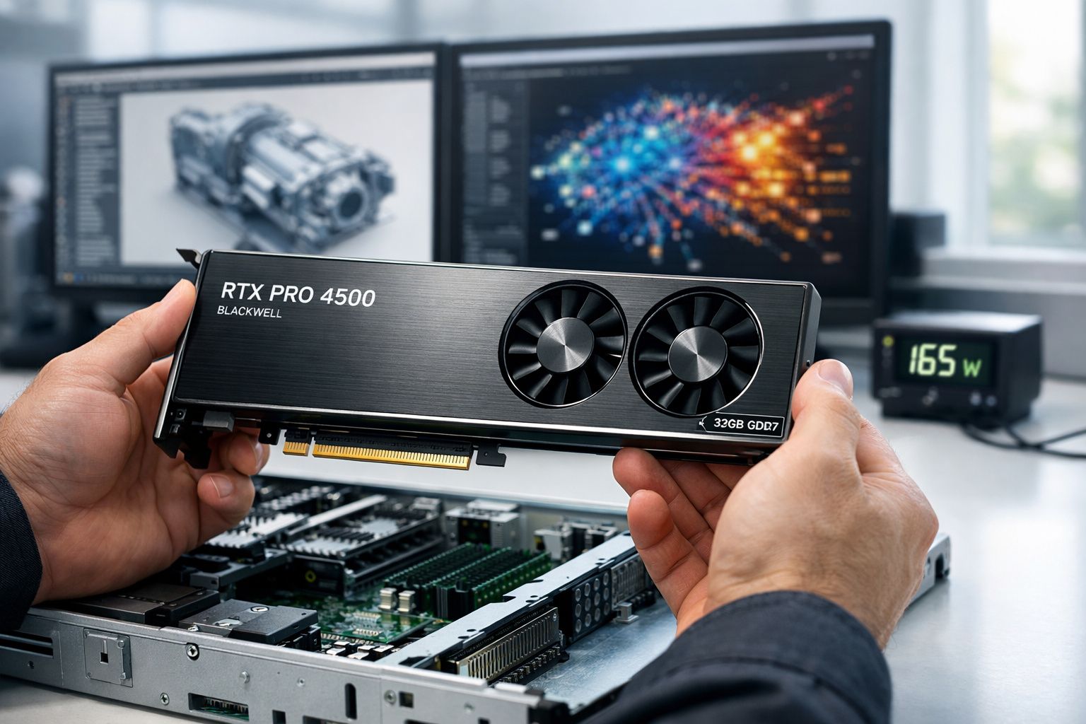 Mãos seguram placa de vídeo RTX PRO 4500 sobre gabinete aberto com monitores exibindo projetos técnicos e gráficos.