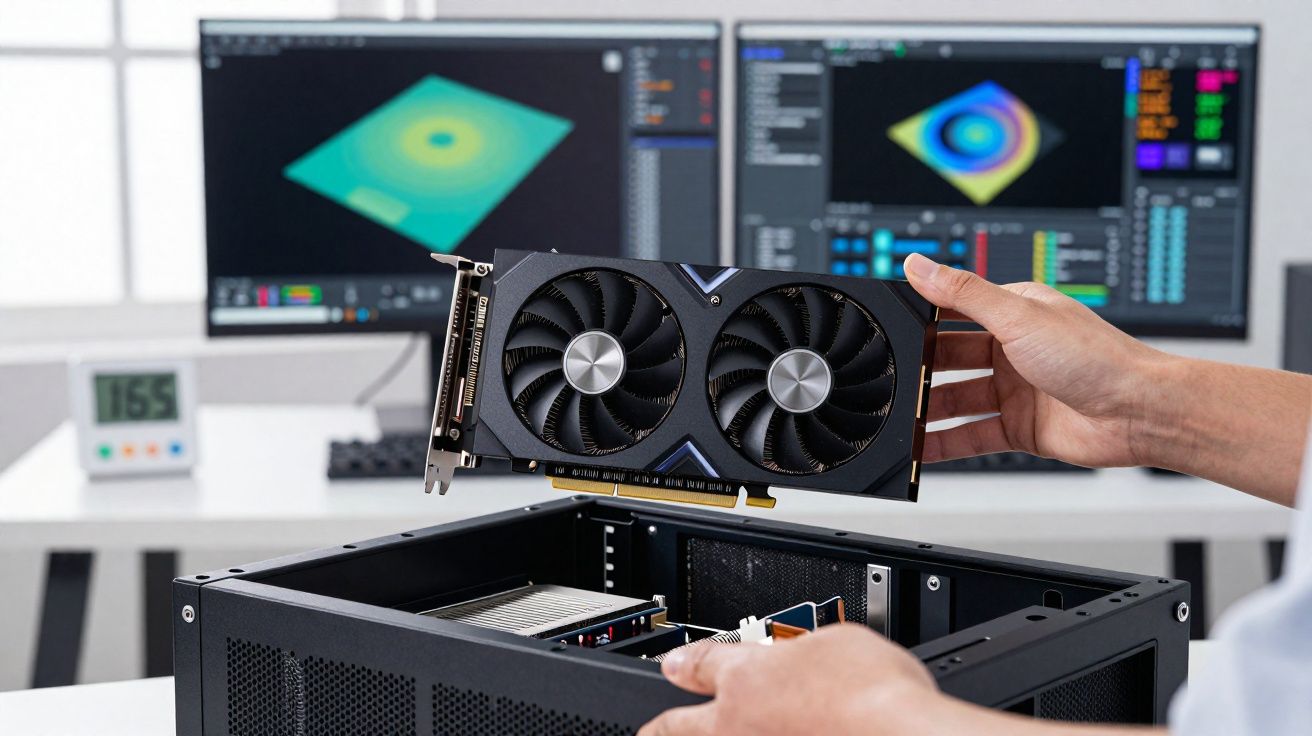 Pessoa instalando placa de vídeo em computador desktop aberto com monitores exibindo gráficos ao fundo.