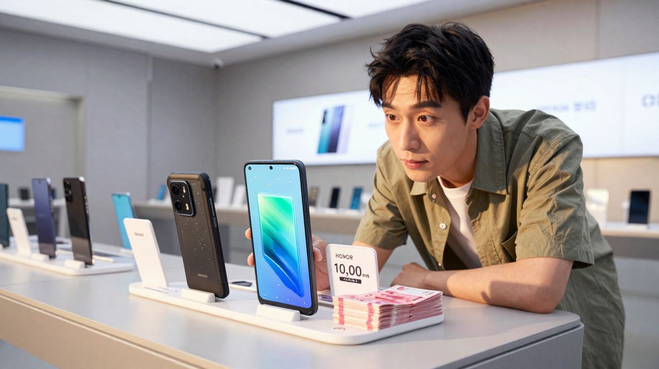 Homem observando smartphones expostos em loja de eletrônicos moderna e bem iluminada.