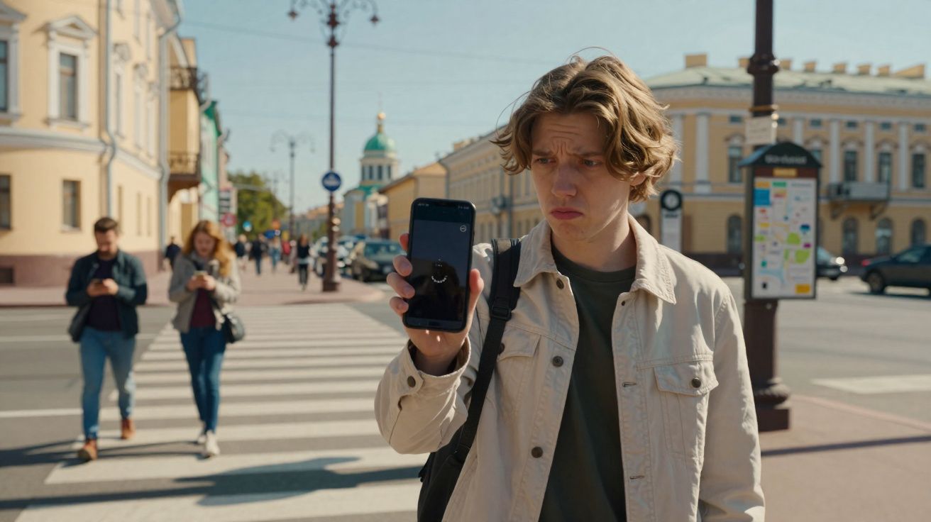 Jovem com expressão preocupada mostra celular travado ao tentar usar aplicativo na rua.