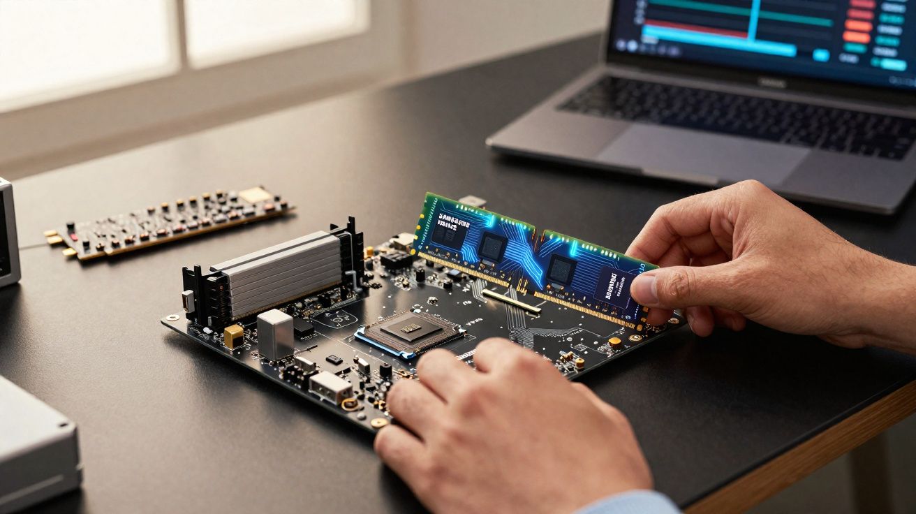 Pessoa instalando memória RAM em placa-mãe com laptop aberto ao fundo em mesa preta.