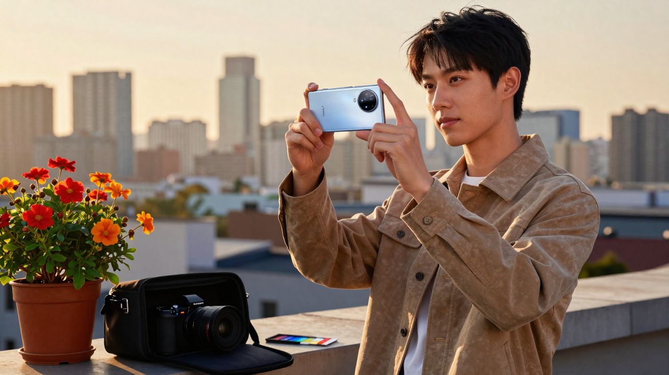 Jovem tira foto com smartphone prata em terraço com flores, câmera e cityscape ao fundo ao entardecer.