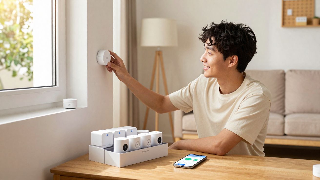 Homem ajusta dispositivo inteligente em parede de sala moderna, com celular e equipamentos sobre mesa de madeira.
