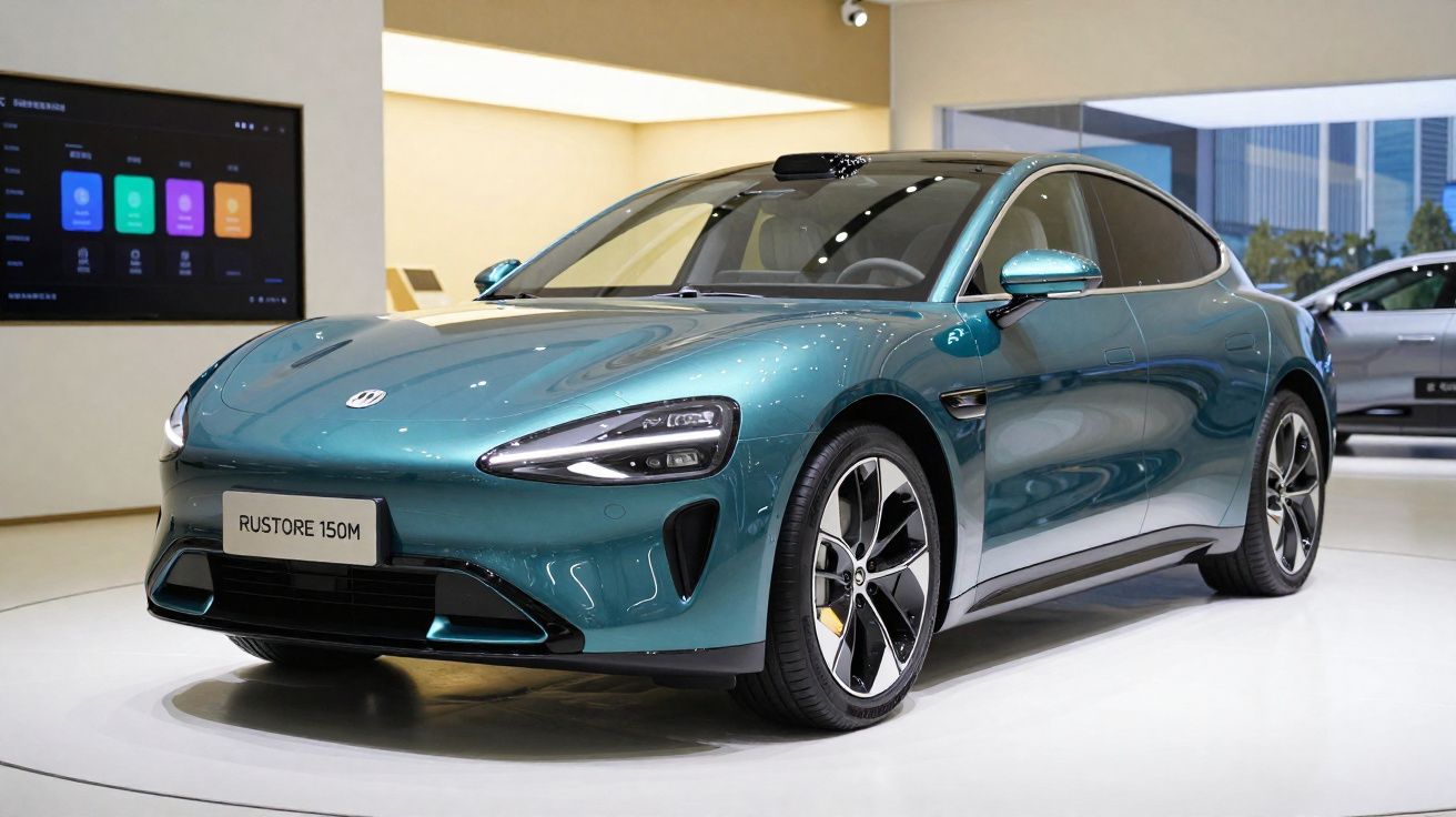 Carro elétrico azul metálico Rustore 150M em exposição em local moderno e iluminado.