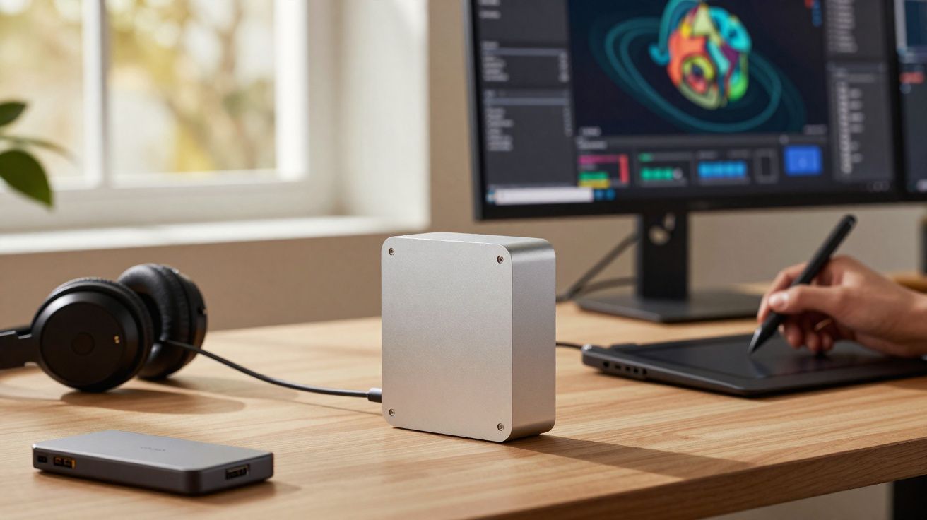 Estação de trabalho com fone de ouvido, disco rígido externo, monitor e pessoa usando mesa digitalizadora.