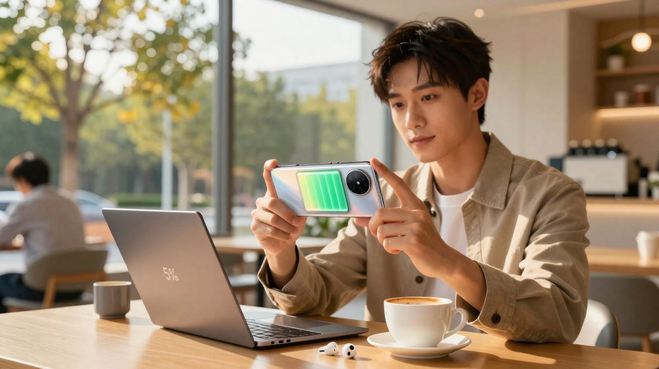 Homem jovem usando celular com indicador de bateria cheia sentado à mesa com laptop, café e fones em café.