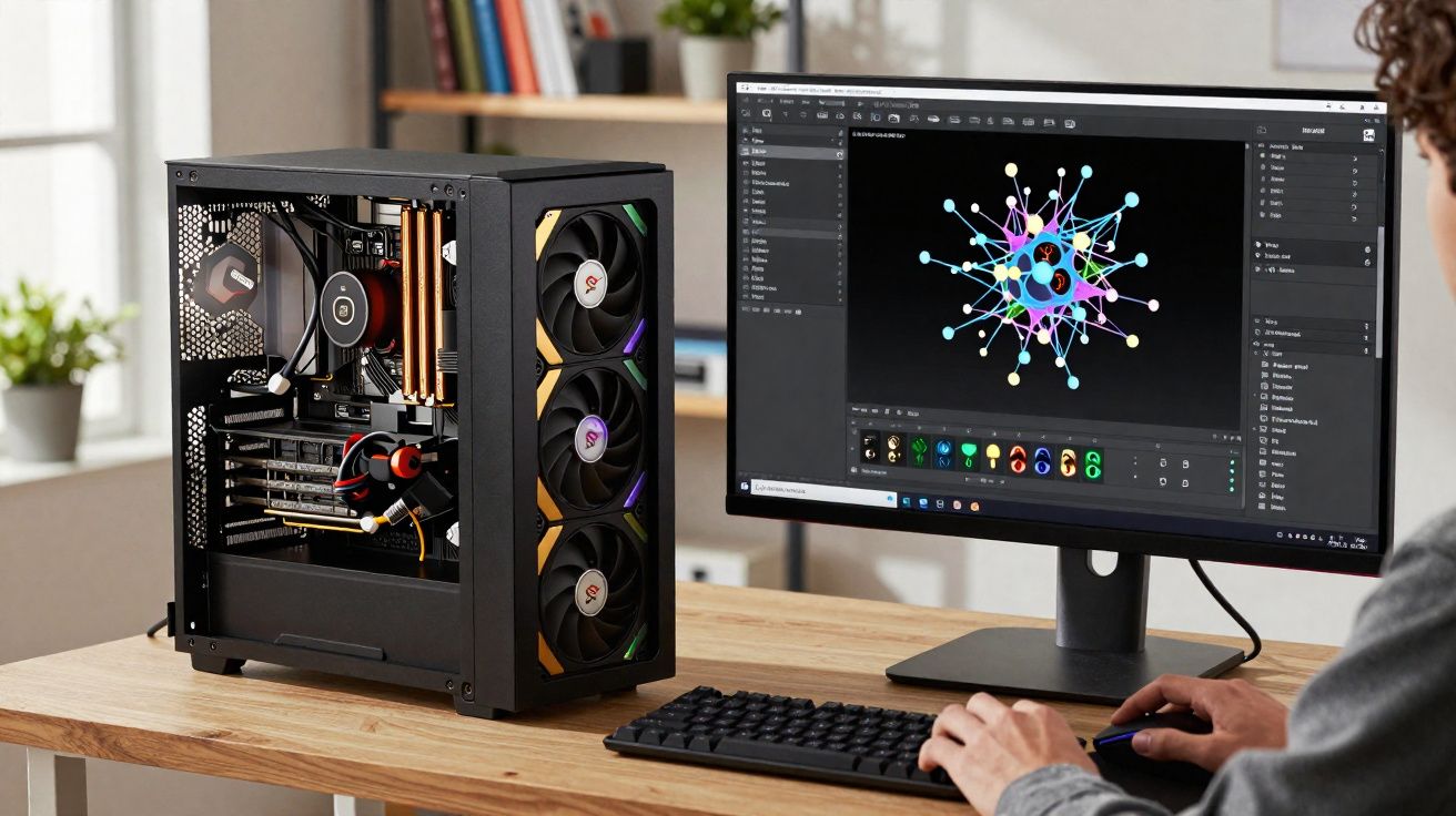 Pessoa usando computador com gabinete aberto e software de design 3D na tela em mesa de madeira.