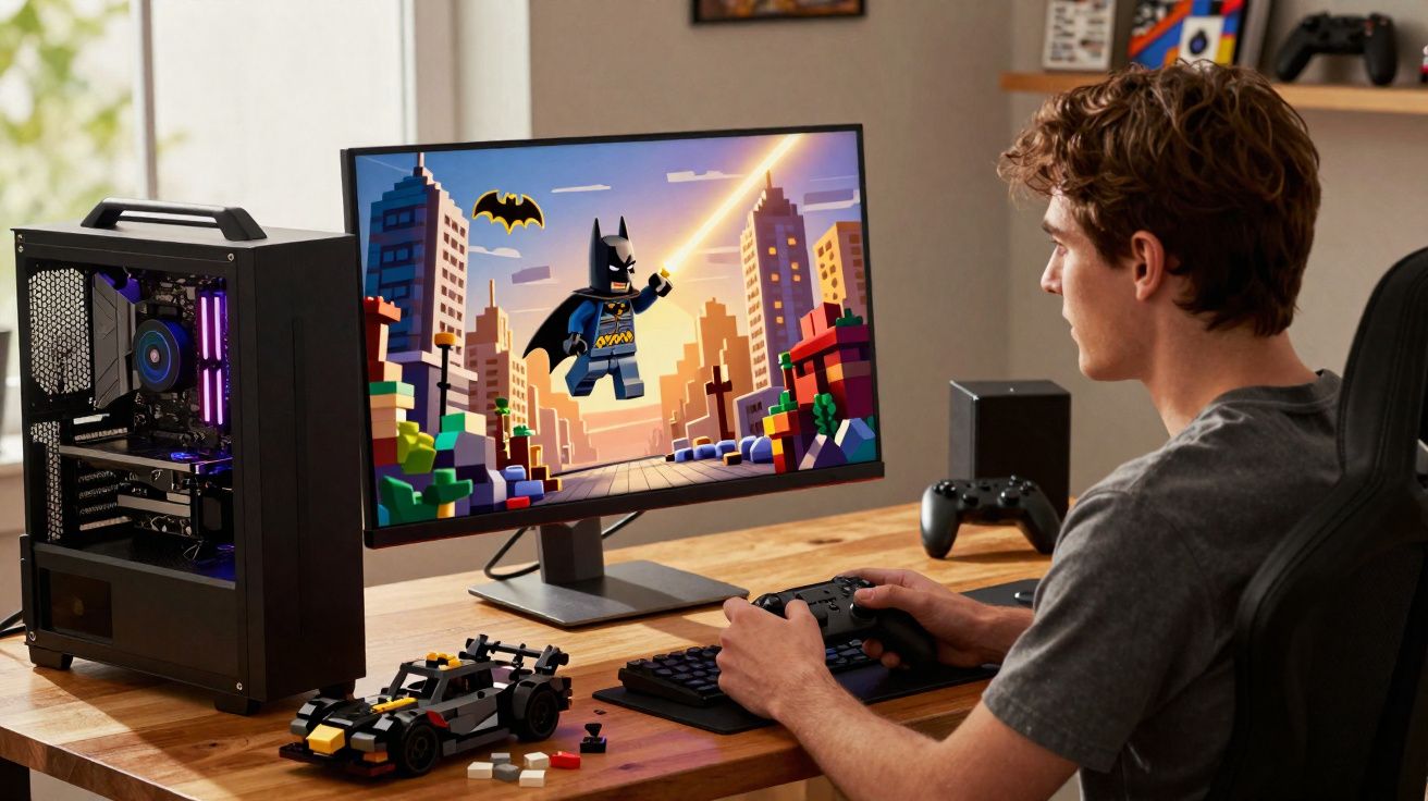 Jovem jogando videogame de Batman Lego em monitor, com PC gamer e controle na mesa de madeira.