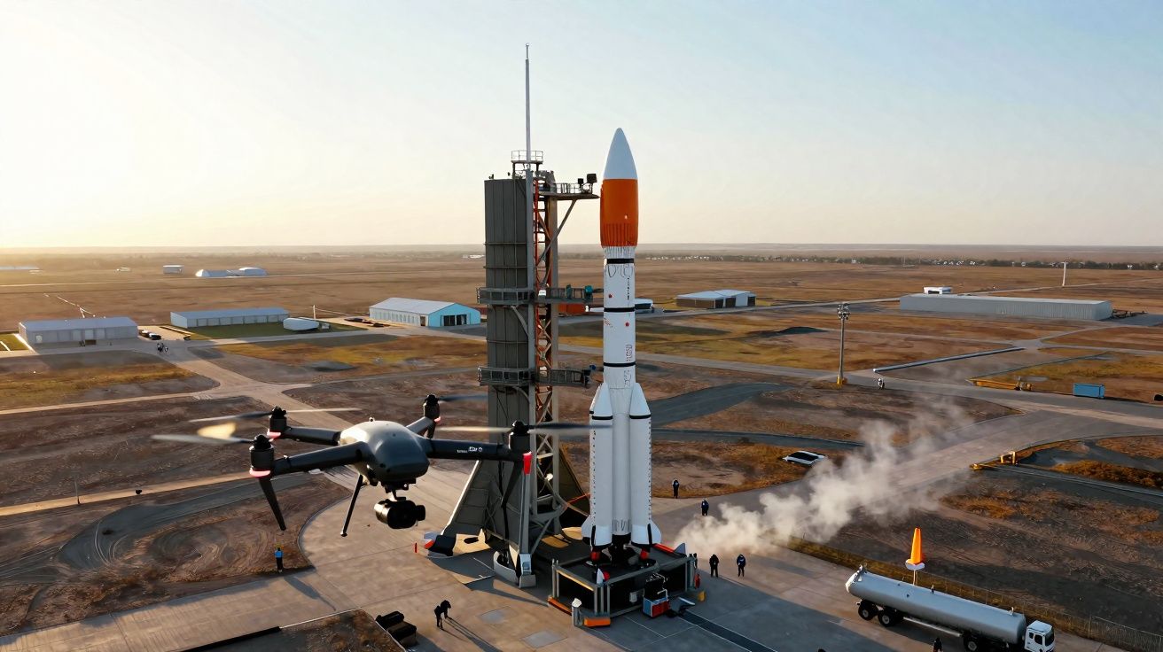 Foguete branco e laranja em plataforma de lançamento com drone preto voando próximo ao amanhecer.