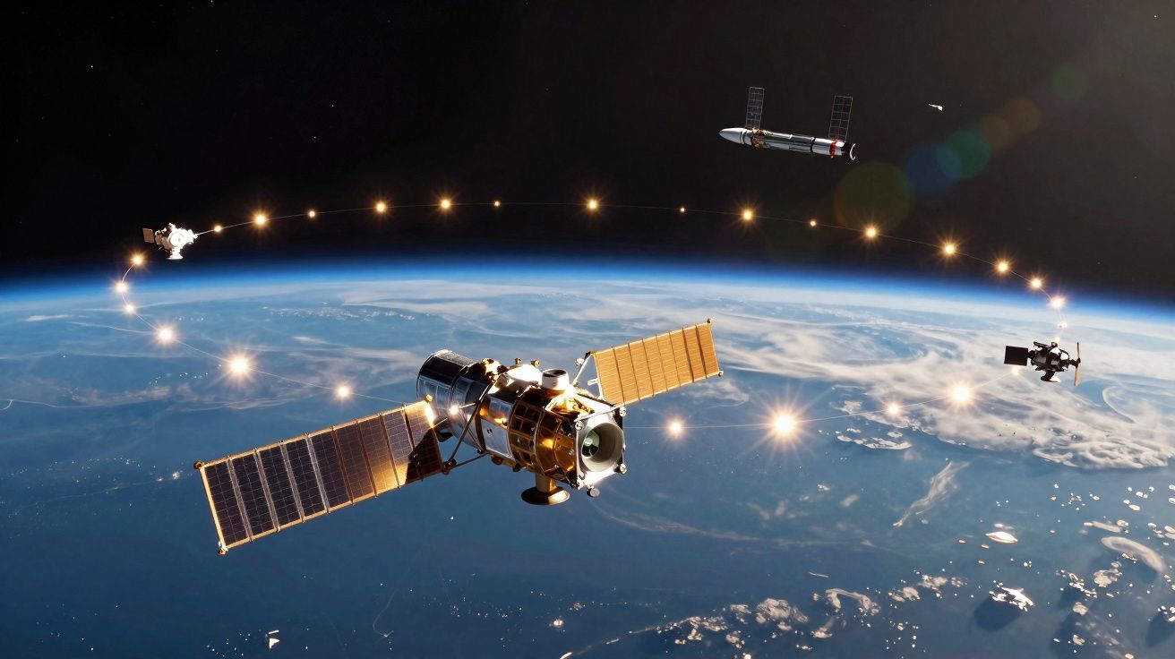 Satélites em órbita terrestre com rastreamento de trajetória e planeta ao fundo em imagem espacial.