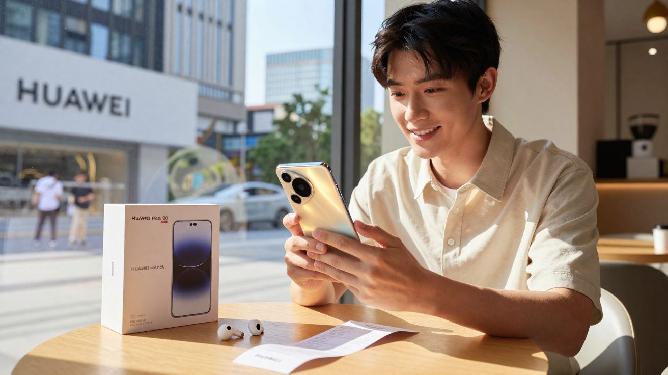 Jovem sorridente segurando smartphone Huawei em mesa com caixa do celular e fones de ouvido, em ambiente iluminado.
