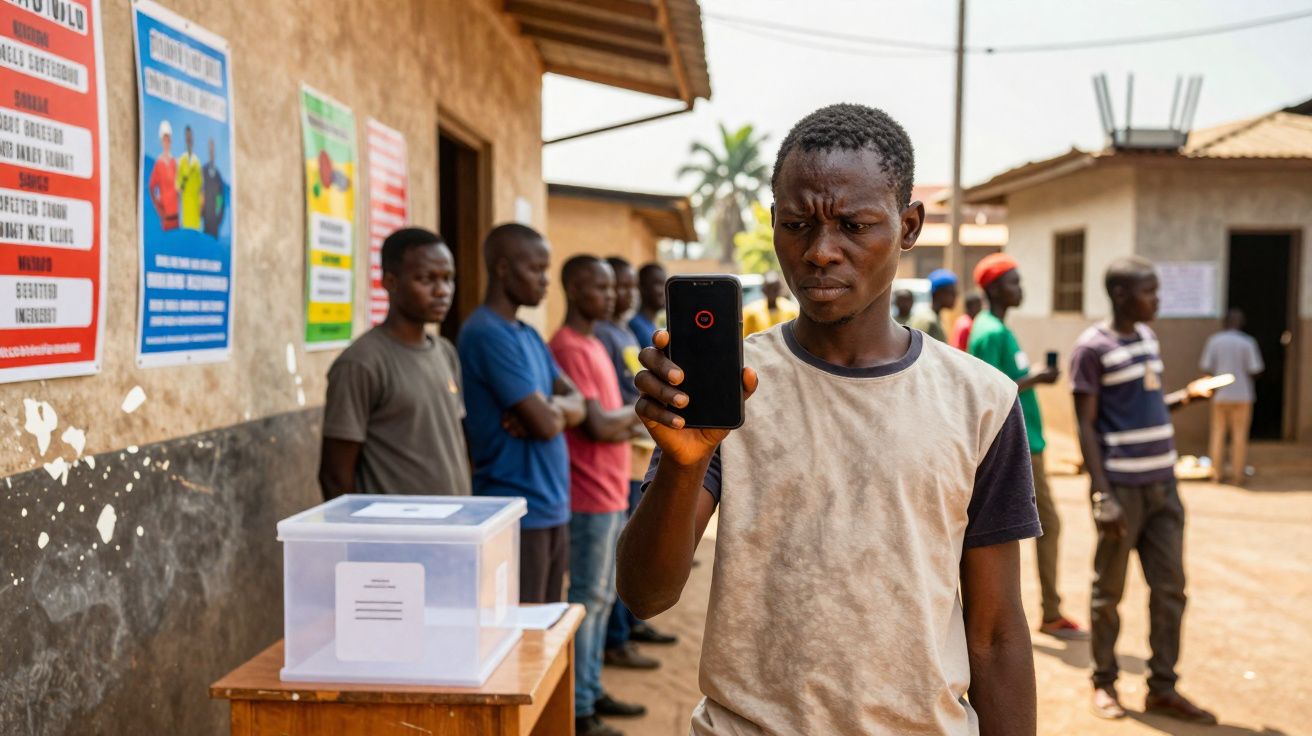 Homem em fila para votar segura celular diante de urna em ambiente externo com outras pessoas ao fundo.
