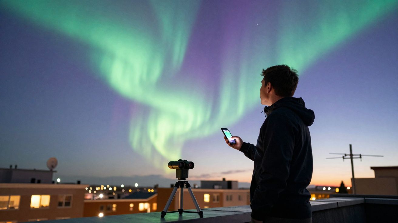 Pessoa observa a aurora boreal no céu nocturno usando um smartphone em um terraço urbano.