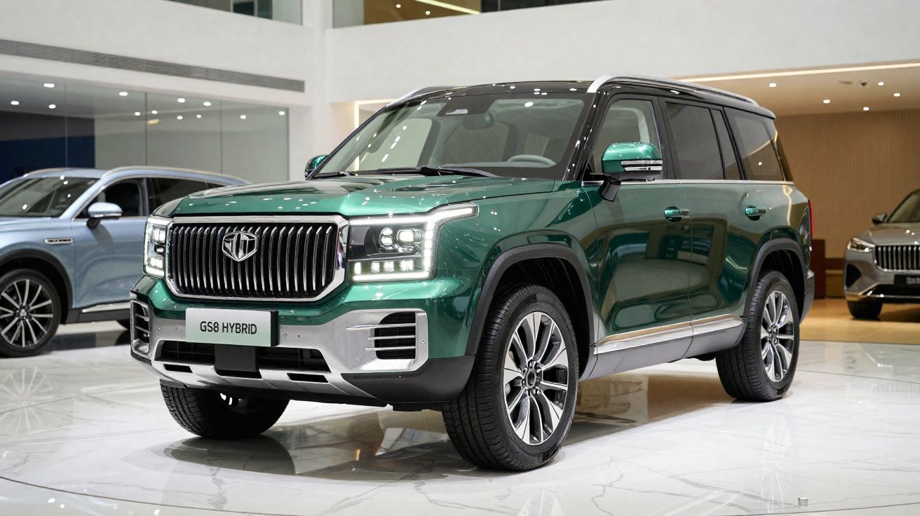 SUV verde metálico GS8 Hybrid exibido em salão automotivo com interior moderno e iluminação branca.