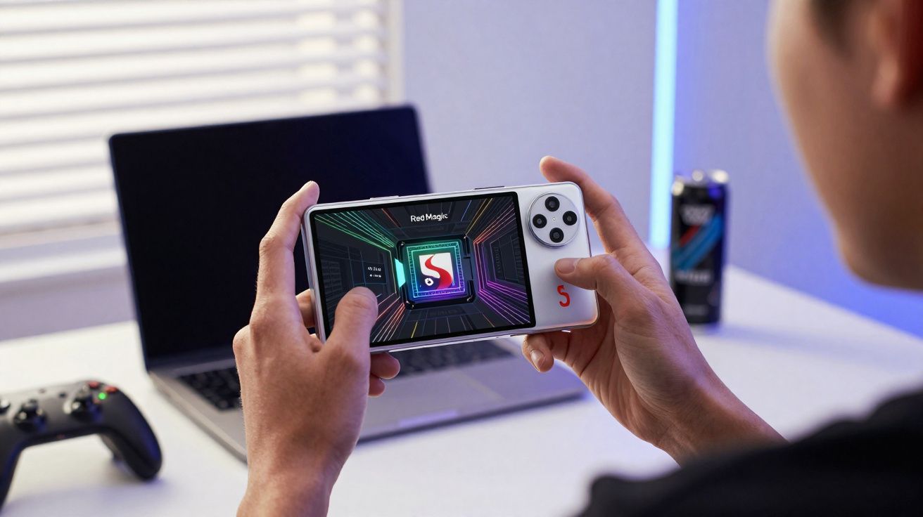 Pessoa segurando celular gamer Red Magic com laptop, controle e energético ao fundo em mesa branca.