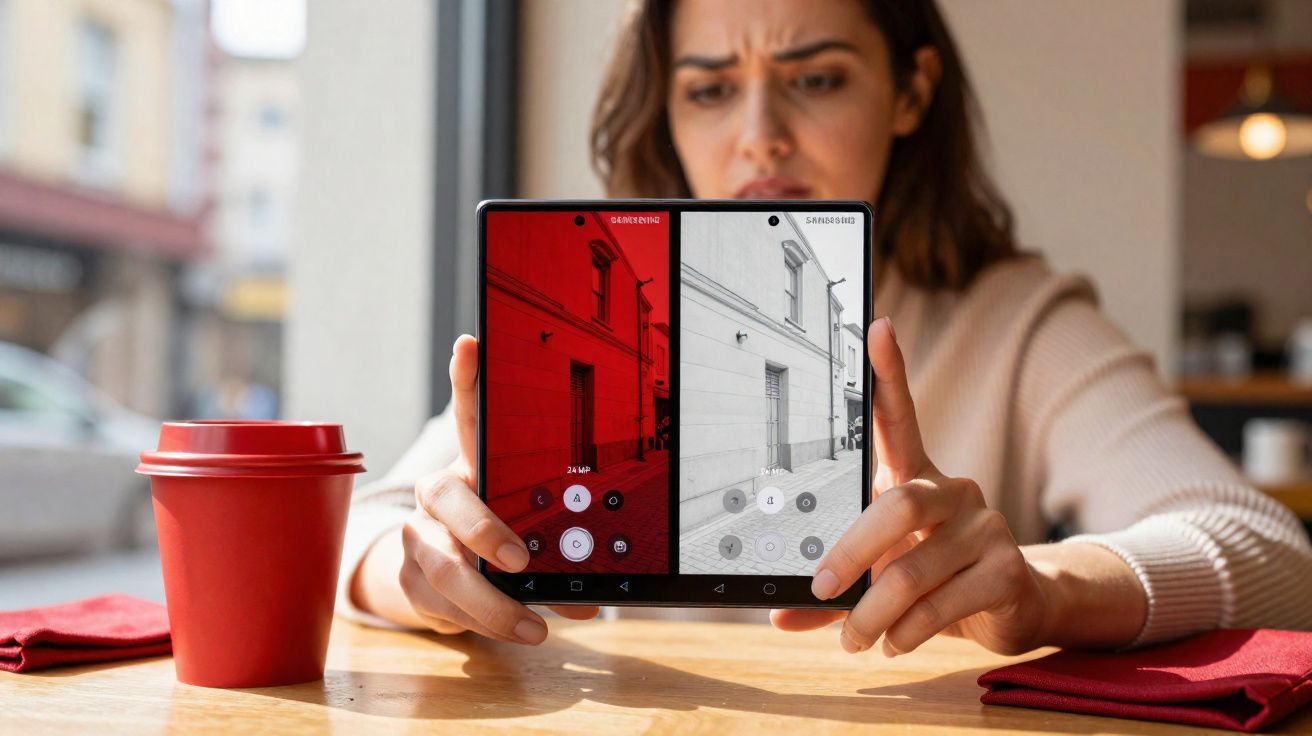 Mulher sentada com expressão concentrada segurando celular dobrável mostrando foto em preto e branco e vermelho.