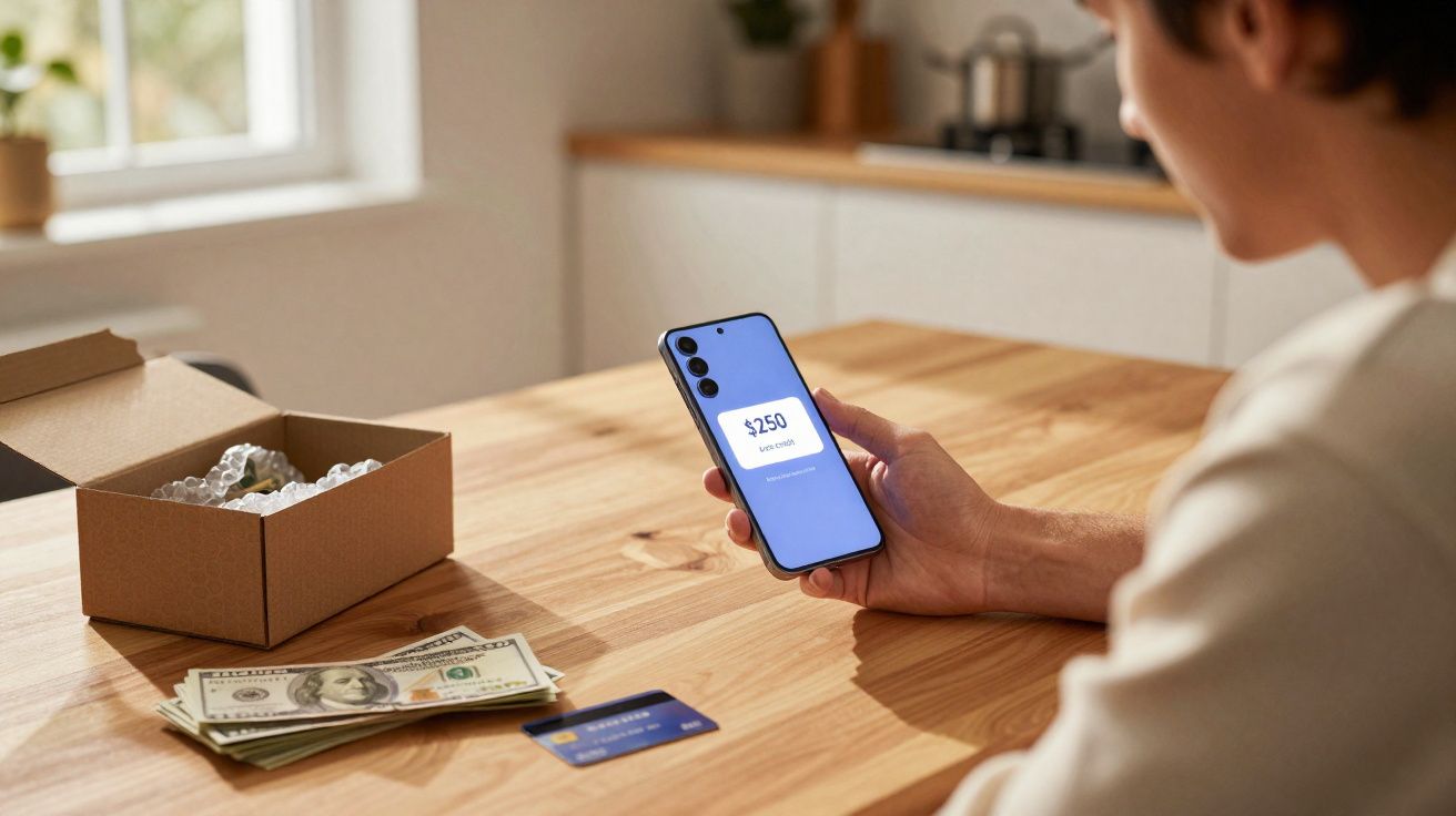 Pessoa segurando celular mostrando app com saldo de $250 em mesa com caixa, dinheiro e cartão de crédito.