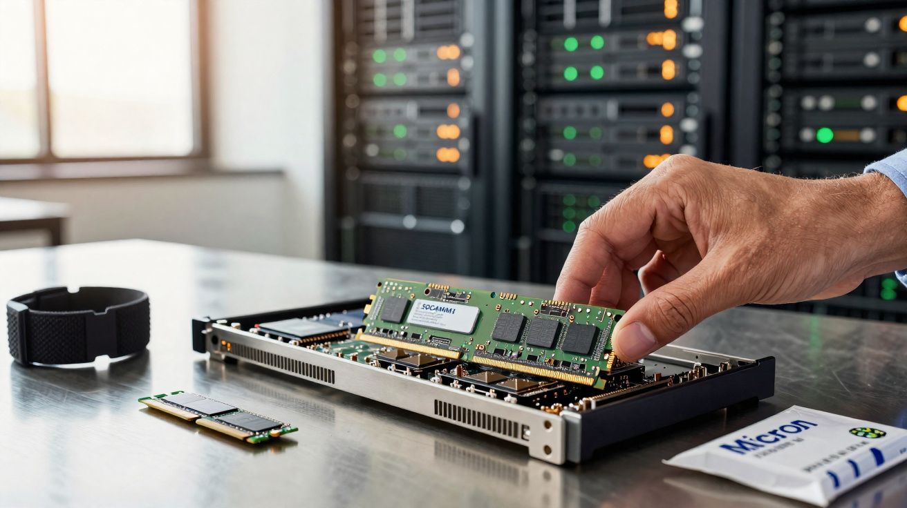 Mão instalando módulo de memória RAM em servidor com equipamentos e relógio na mesa.