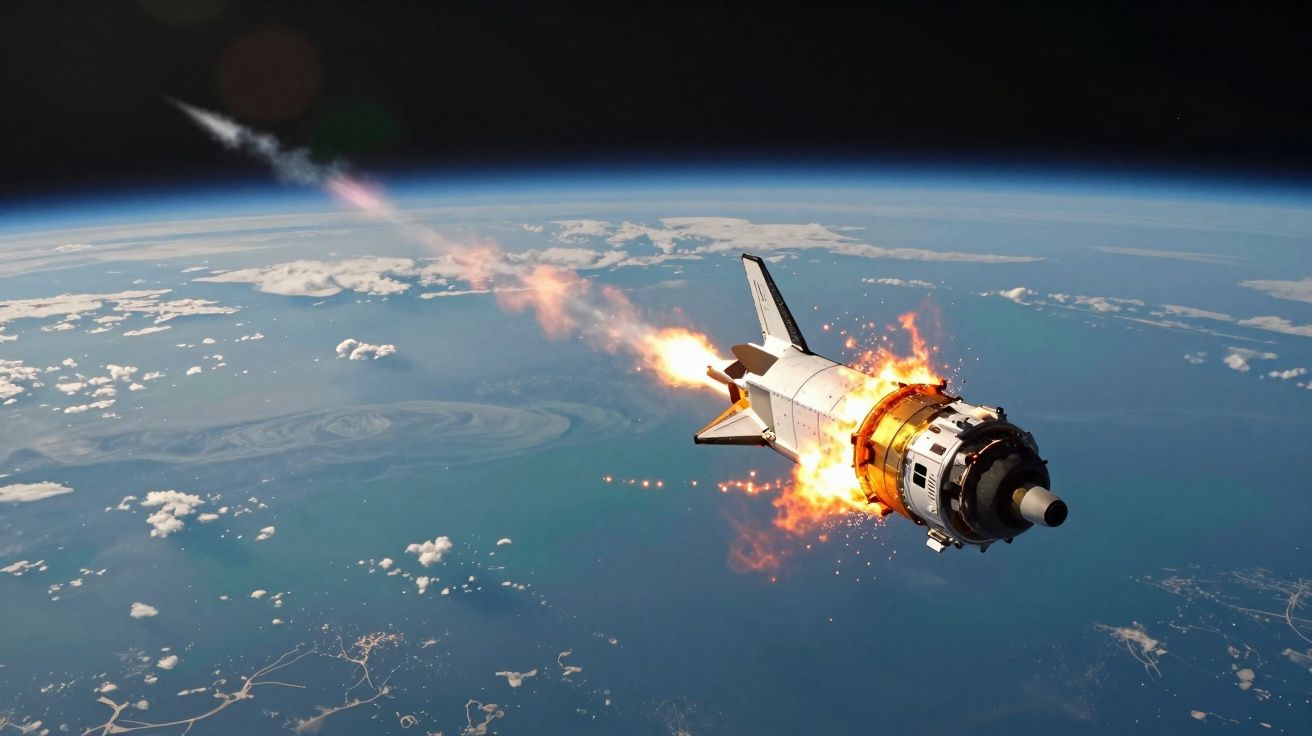 Nave espacial em chamas reentrando na atmosfera acima da Terra, com fumaça e fogo ao redor.