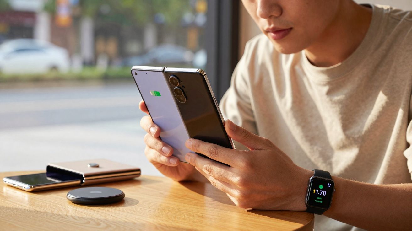 Pessoa segurando smartphone dobrável carregando sem fio em mesa com outros dispositivos eletrônicos.