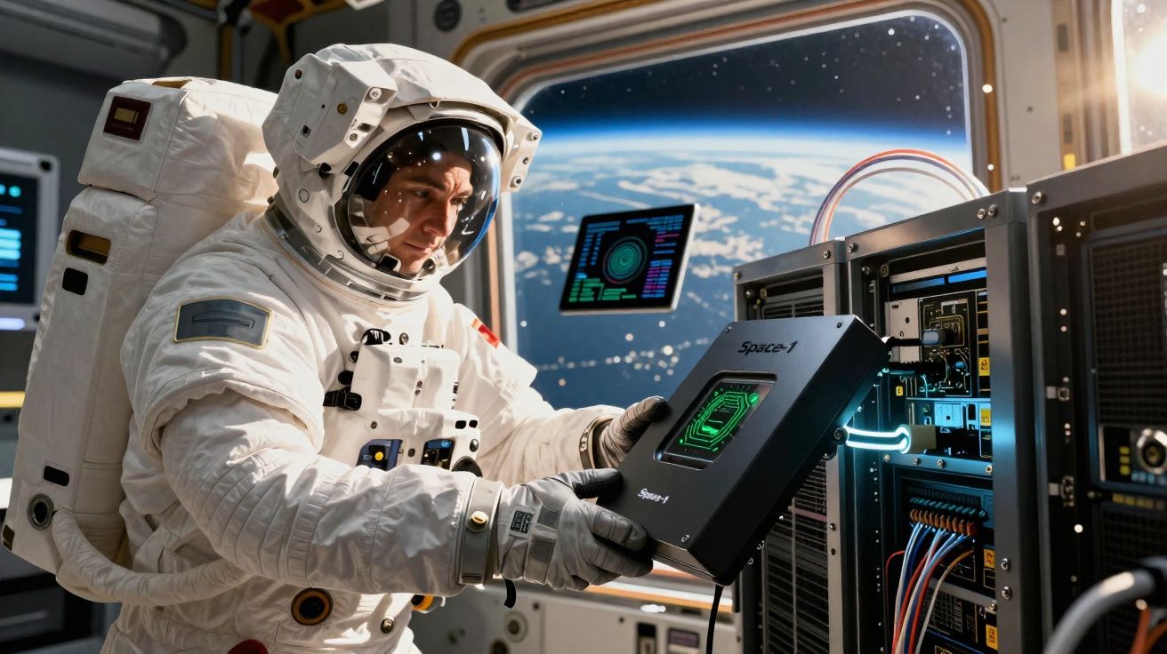 Astronauta realizando manutenção em equipamento eletrônico dentro de módulo espacial com vista da Terra.