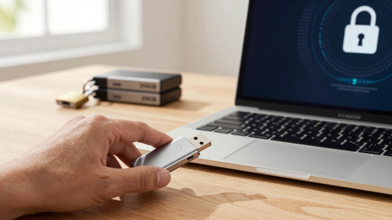 Mão segurando pendrive próximo a notebook com ícone de cadeado na tela, simbolizando segurança digital.