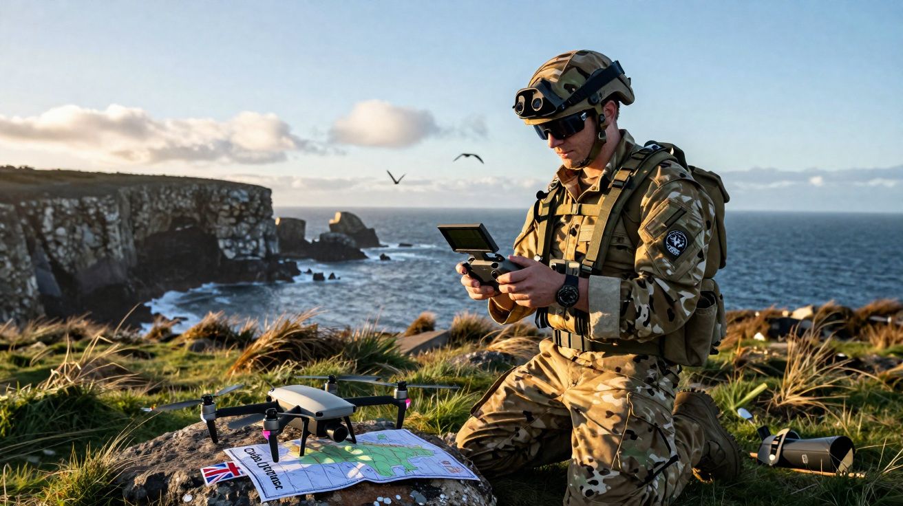 Soldado em uniforme camuflado operando drone ao ar livre em área costeira com mapa sobre rocha.