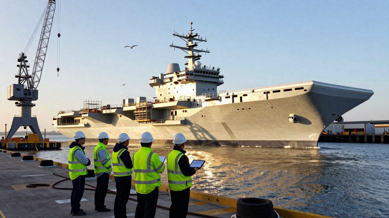 Cinco trabalhadores com coletes e capacetes observam e inspecionam um grande navio no porto ao entardecer.
