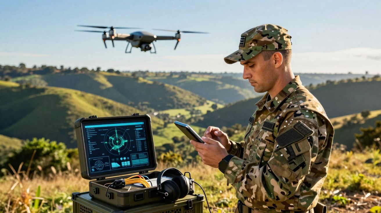 Soldado operando drone com tablet em área rural, com equipamento de controle e fones ao lado.