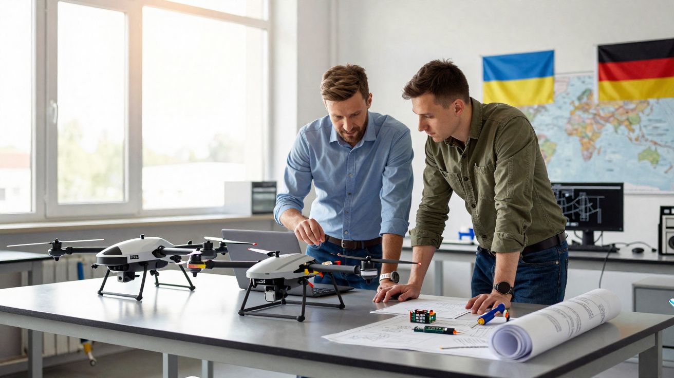Dois homens analisam drones e plantas em mesa de escritório com bandeiras da Ucrânia e Alemanha ao fundo.