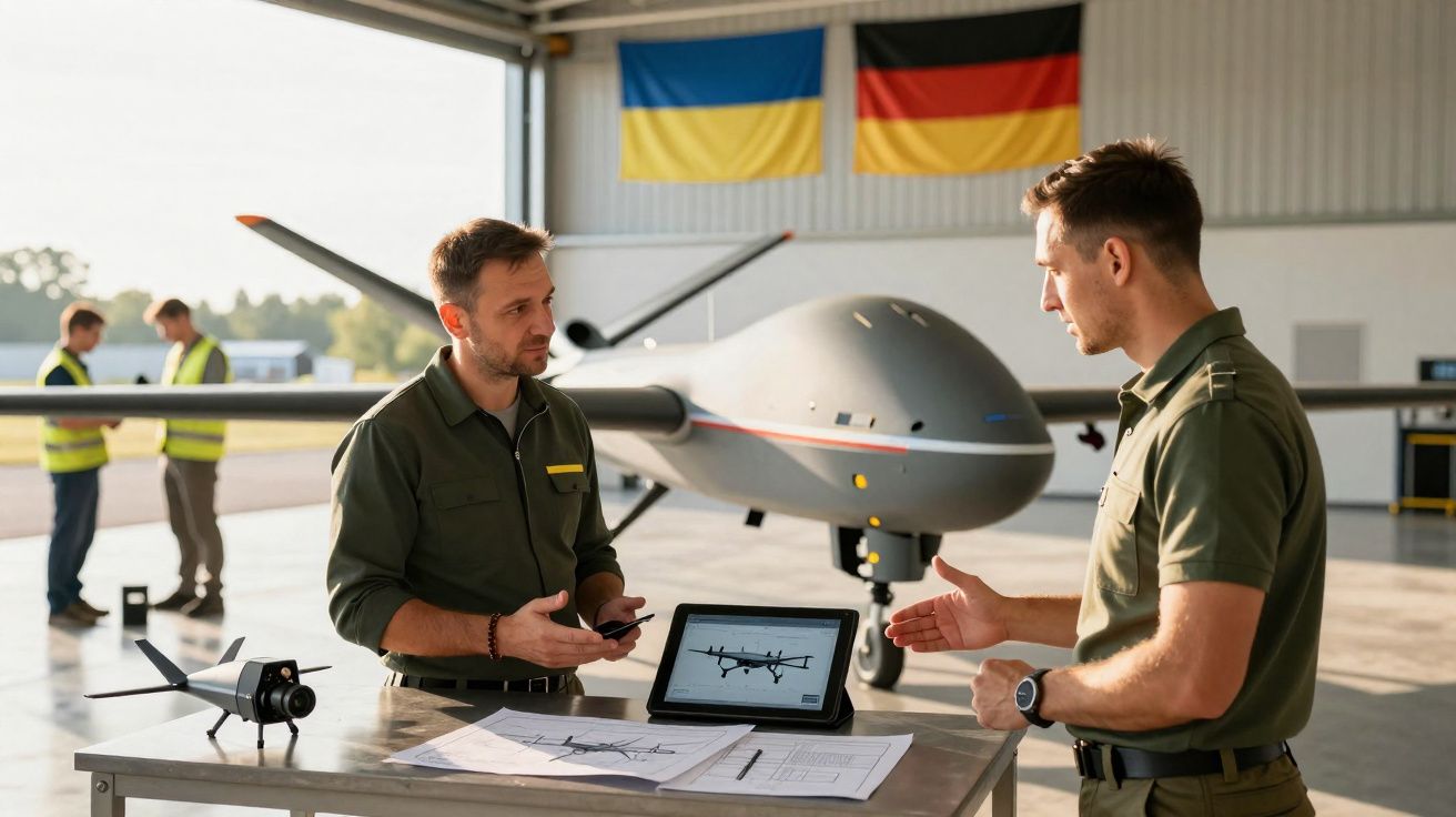 Dois homens conversam sobre drones em um hangar com bandeiras da Ucrânia e Alemanha ao fundo.