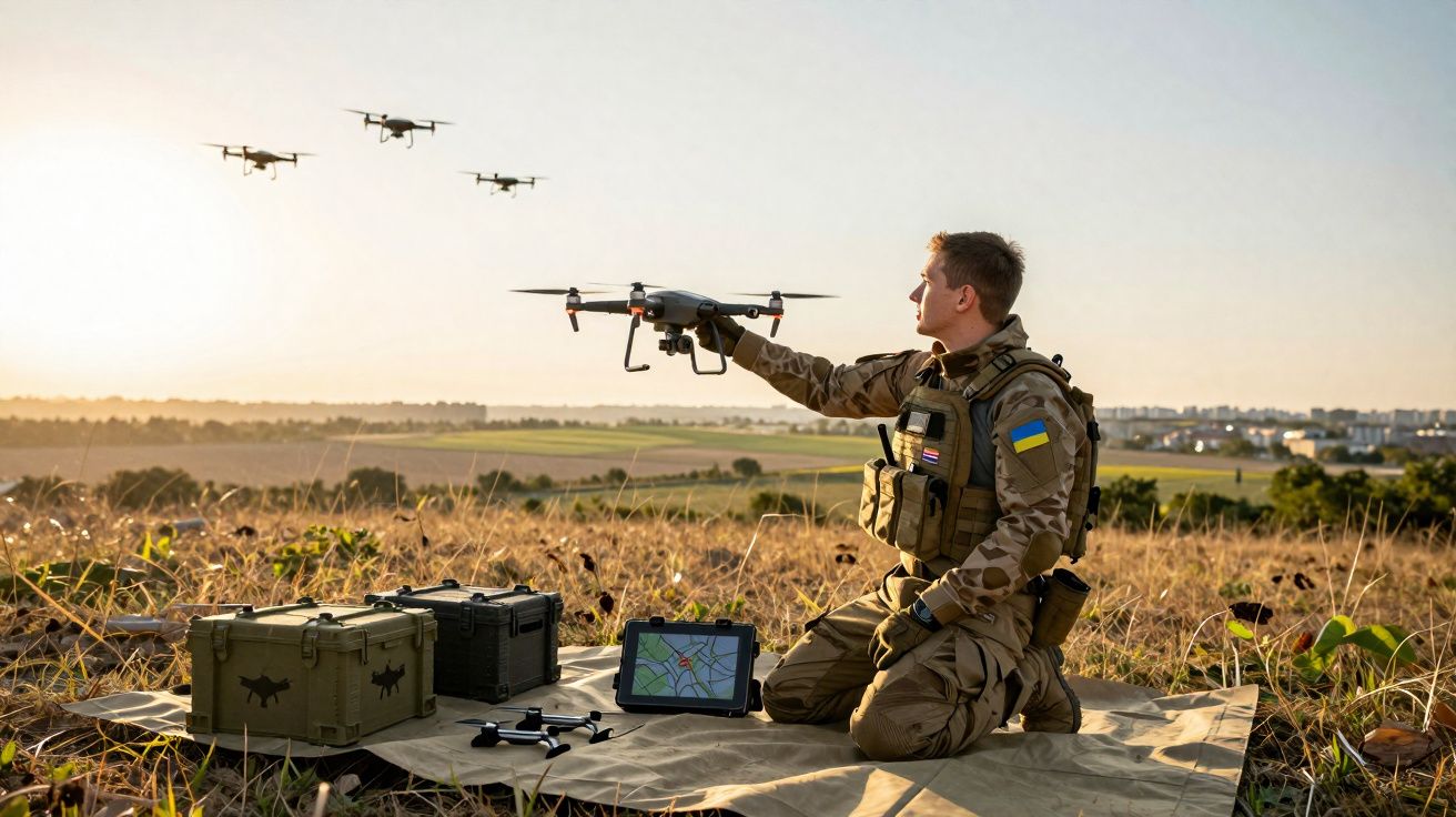 Soldado com uniforme militar controla drones em campo aberto ao pôr do sol, com tablet e equipamentos no chão.