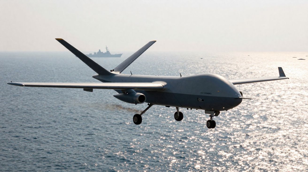 Drone militar voando sobre o mar com navio de guerra ao fundo em dia ensolarado.