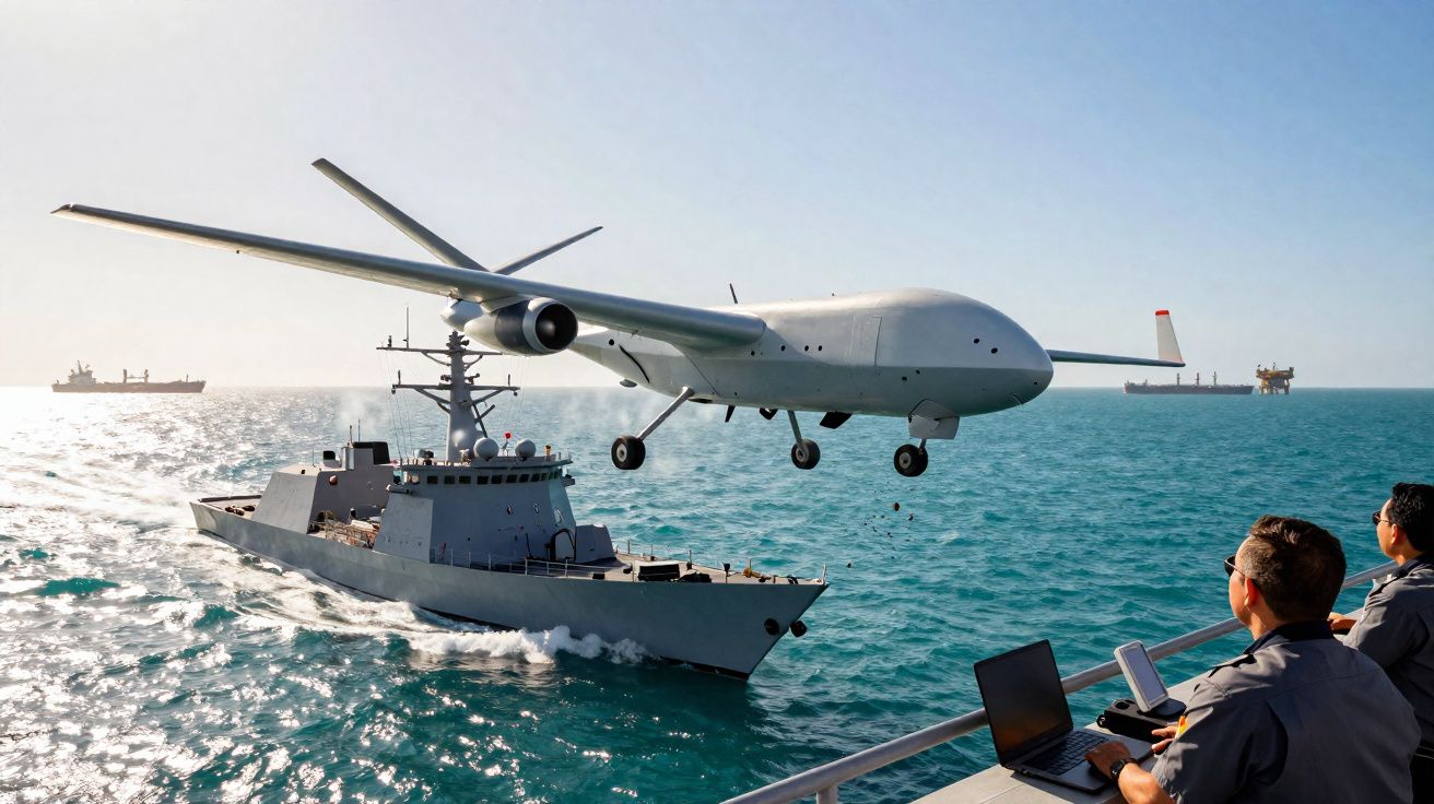 Drone militar voando próximo a navio de guerra no mar, com tripulantes observando e operando equipamentos.